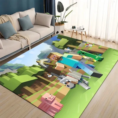 Minecraft Steve & Pig Village Scene Rug