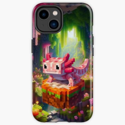 Cute Pink Minecraft Axolotl On Block Iphone Case