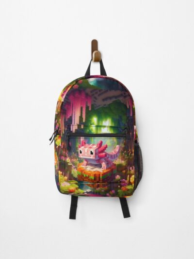 Cute Pink Minecraft Axolotl On Block Backpack
