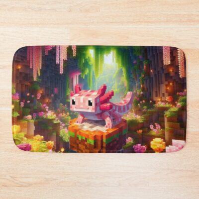Cute Pink Minecraft Axolotl On Block Bath Mat
