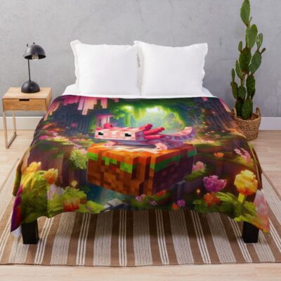 Cute Pink Minecraft Axolotl On Block Throw Blanket