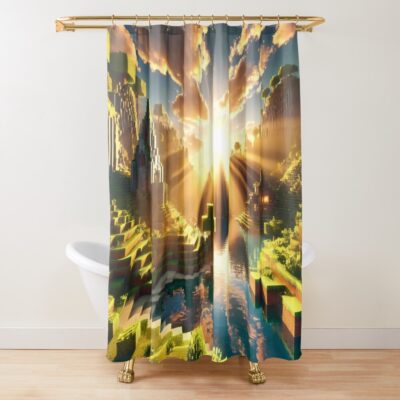 Minecraft Epic Sunrise Over Blocky Mountains Shower Curtain