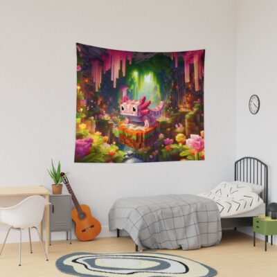 Cute Pink Minecraft Axolotl On Block Tapestry